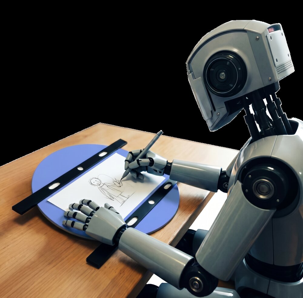 A robotic arm sketching a hand-drawn character, illustrating craft paired with AI tools